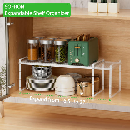 SOFRON Expandable Cabinet Storage Shelf Stackable Organizer Rack for Kitchen Bathroom Pantry Spice Cupboard Coffee Countertop Home Office Desk Heavy Duty Nonslip White Small 2 Packs