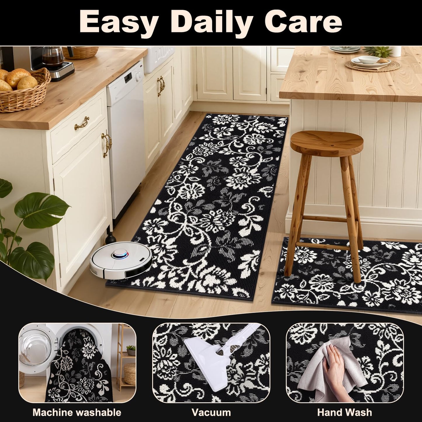 LOKHOM Boho Kitchen Rugs Sets of 3, Non Slip High-Low Textured Kitchen Mats for Floor with Rubber Backing, Paisley Floral Washable Carpet Runner for Hallways Entryway Laundry Sink (Black & White)