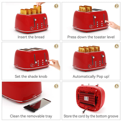 Toaster 4 Slice, Retro Stainless with 6 Bread Shade Settings,1.5''Wide Slots Toaster with Cancel/Defrost/Reheat,Dual Independent Control Panel(Red)