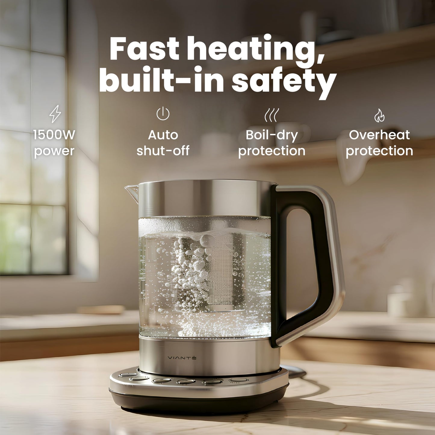 Viante Electric Kettle With Infuser. No Plastic In Contact With Water. Hot Tea Maker With Temperature Control And Automatic Shut Off. Tea Kettle With Brewing Programs. 1.5 Liters Capacity