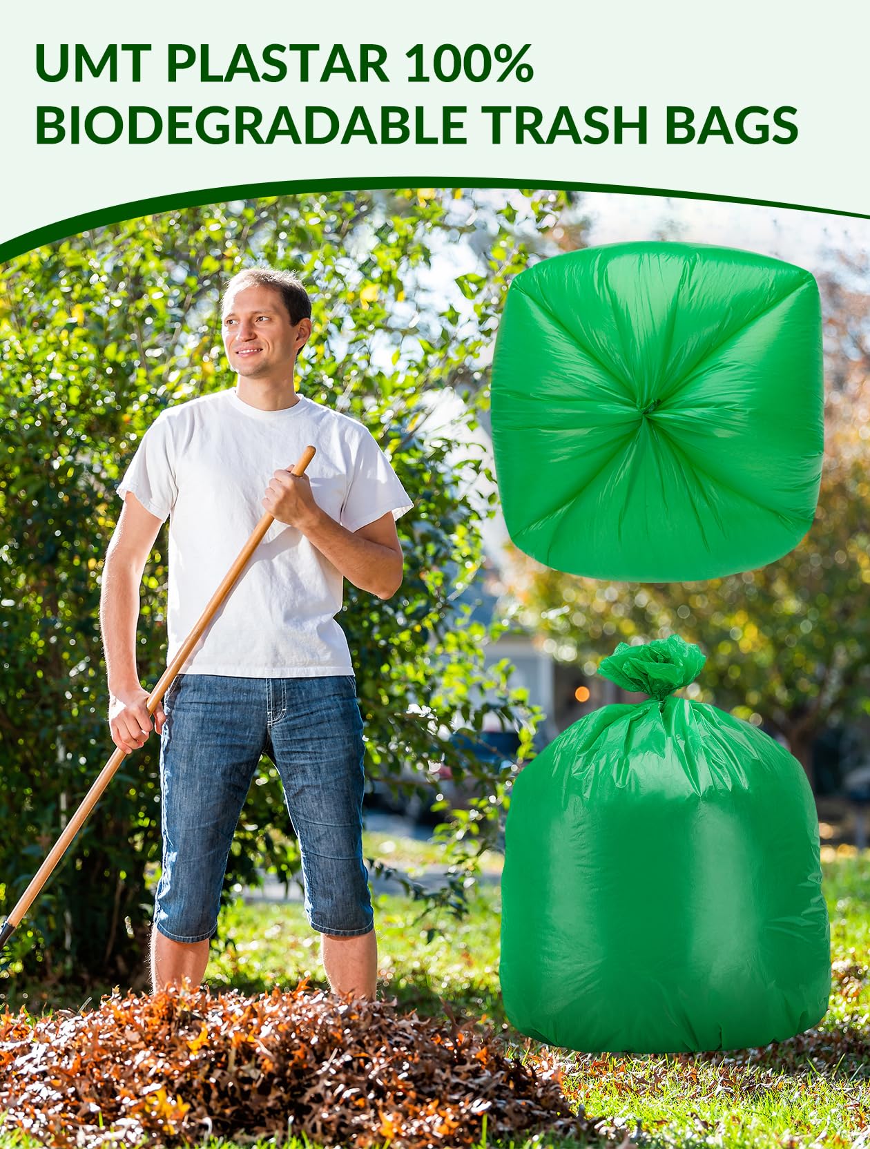 UMT Plastar 400 Count Compostable Trash Bags 10-12 Gallon, 24 x 24 Inch Biodegradable Kitchen Garbage Bags 15 Micron, Green Eco Friendly Small Trash Bags for Home, Office & Bathroom