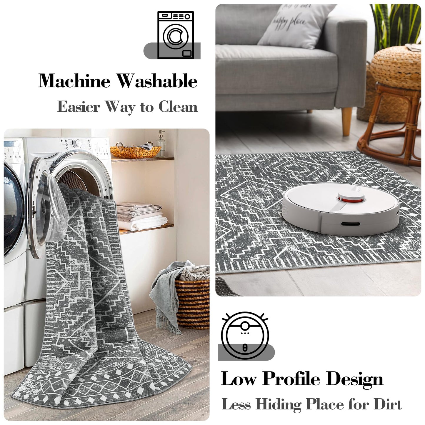 Wonnitar Moroccan 5x7 Washable Rug, Large Grey Area Rug for Living Room, Non-Slip Boho Bedroom Carpet Thin Soft Non-Shedding Farmhouse Rug for Dining Room Table Kitchen Home Office (Dark Grey,5'x7')