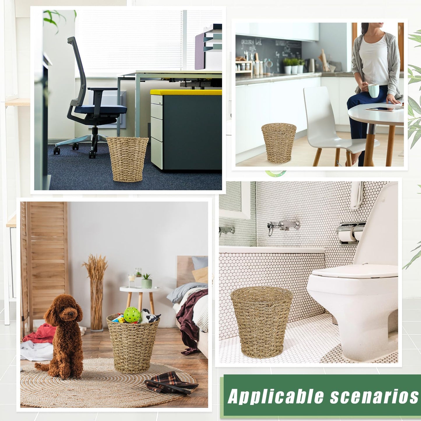 Hushee 4 Pcs Seagrass Waste Basket 3 Gallons Wicker Waste Basket Woven Rattan Trash Can Boho Wicker Garbage Can for Bathroom Bedroom Kitchen Offices Home, Brown