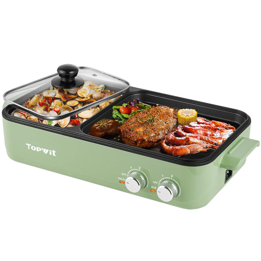 Topwit Hot Pot Electric with Grill, 2 in 1 Indoor Non-Stick Electric Pot and Griddle for Korean BBQ, Steaks, Shabu Shabu and Noodles, Independent Dual Temperature Control, Fast Heating, Green