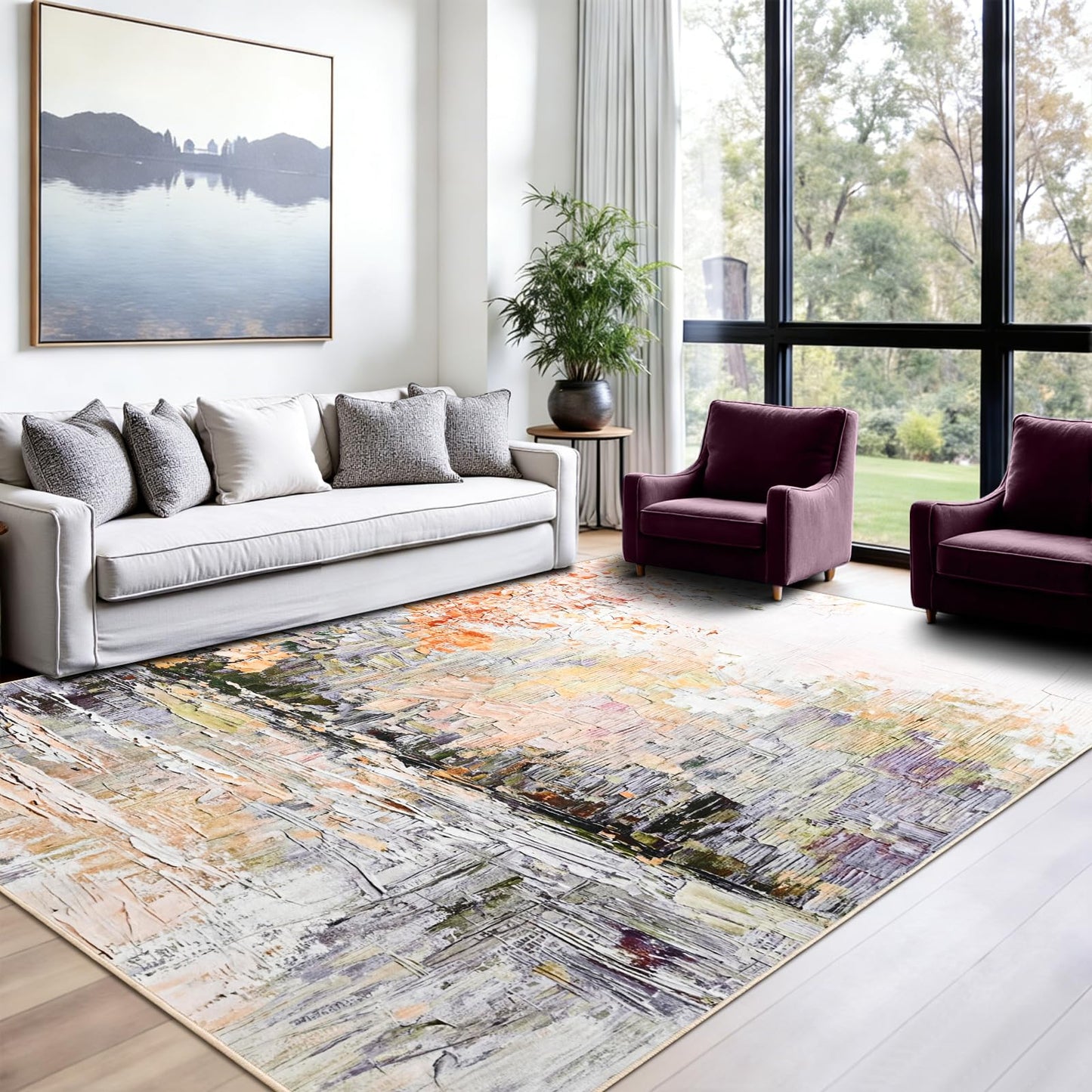 Gifeas 5x7 Area Rug for Living Room, Modern Abstract Washable Rug with Non Slip Backing, Ultra Soft Low Pile Carpet for Bedroom Dining Room Playroom Kitchen Laundry Nursery Home Office Decor, Purple