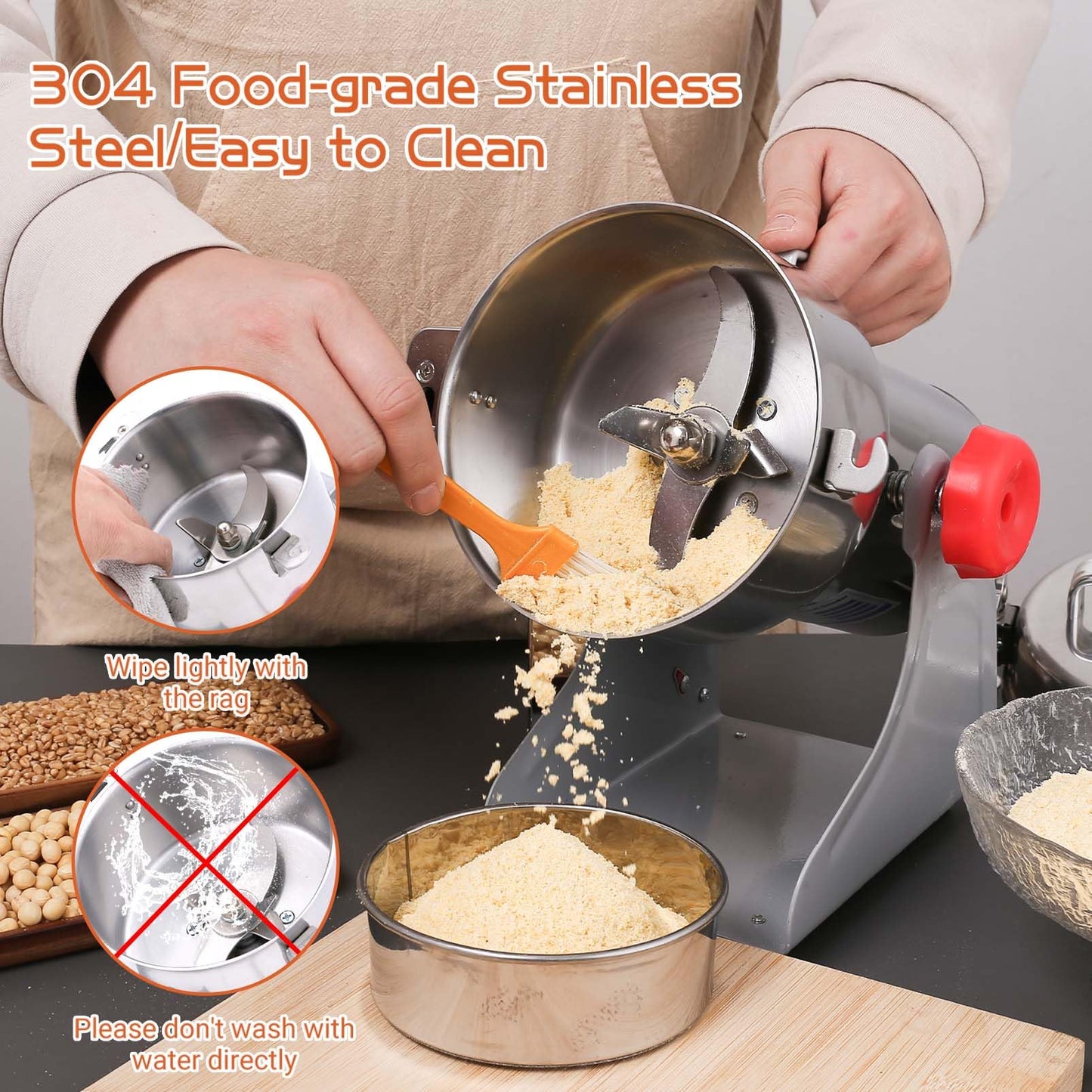 BI-DTOOL Electric Grain Mill Grinder 800g Stainless Steel Pulverizer 36000r/min High-speed Grain Mill 1800W Dry Material Grinding Machine 270° swingable Superfine powder for Home and Commercial