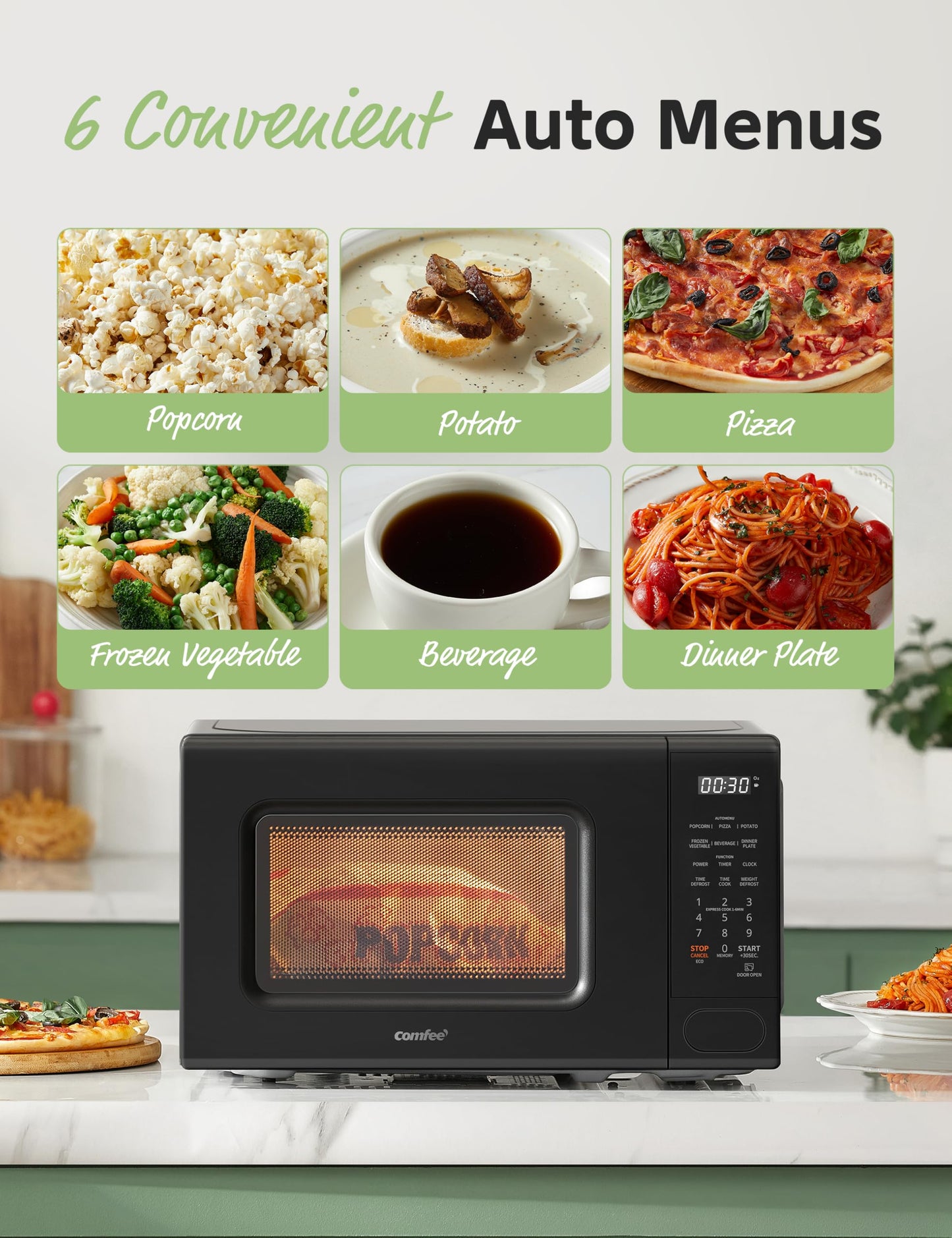 COMFEE CMO-C20M1WB Countertop Microwave Oven, 0.7 cu.ft Small Microwave with 11 Power Levels,Turntable Reset and Memory Function, Speedy Cooking, Weight/Time Defrost, Children Lock, 700W, Modern Black