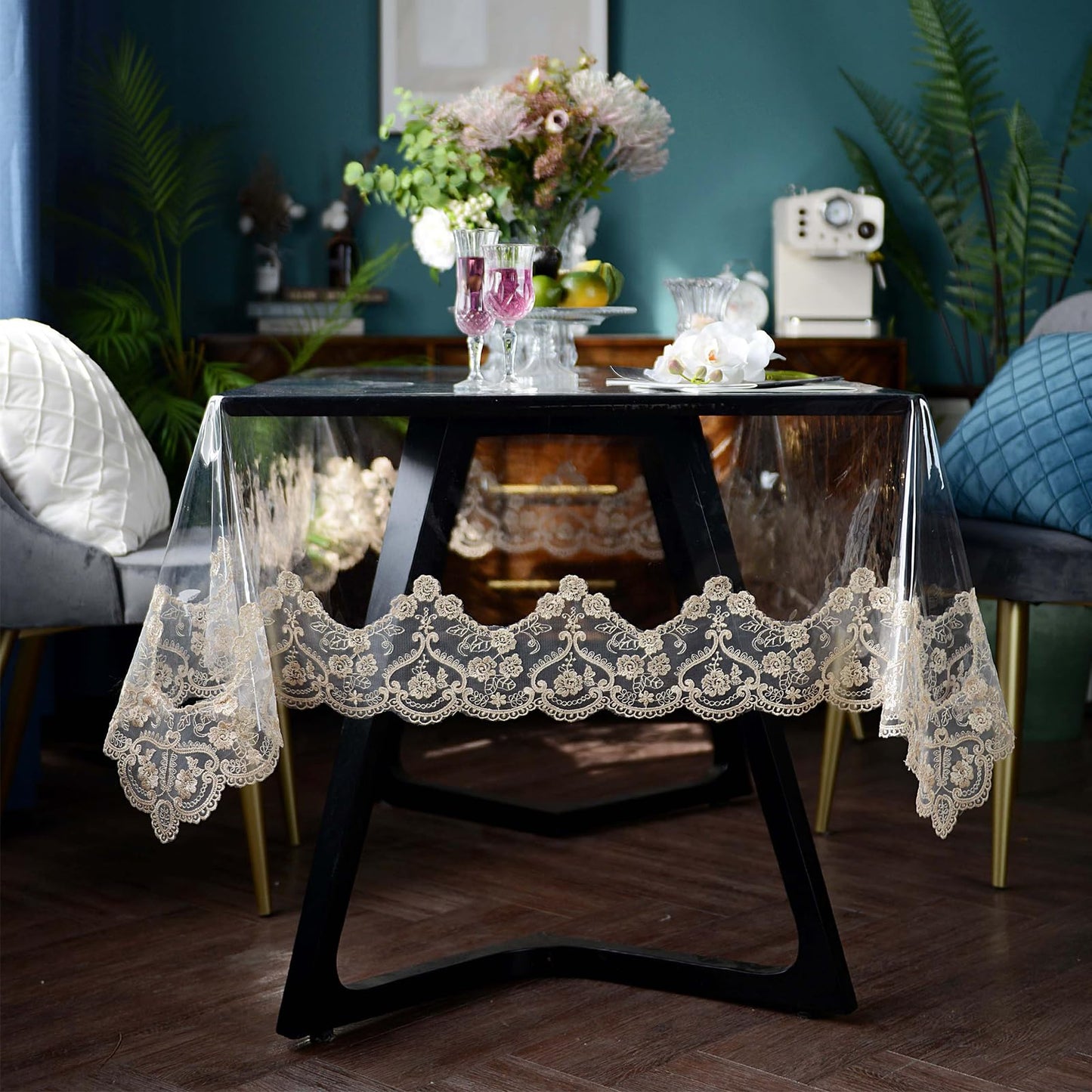 ARTABLE Vinyl PVC Rectangle Tablecloth Waterproof Clear Table Cover with Champagne Lace Macrame Border for Wedding Kitchen Home Outdoor Indoor Holidays Party Decor (Gold, 60 x 104 Inch)