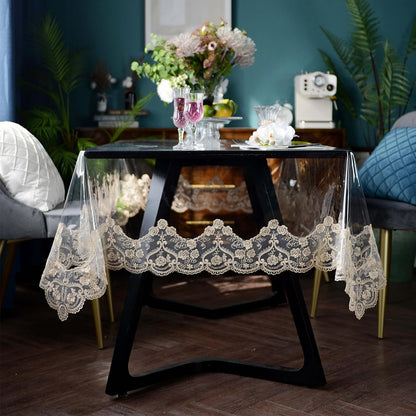 ARTABLE Vinyl PVC Rectangle Tablecloth Waterproof Clear Table Cover with Champagne Lace Macrame Border for Wedding Kitchen Home Outdoor Indoor Holidays Party Decor (Gold, 60 x 104 Inch)