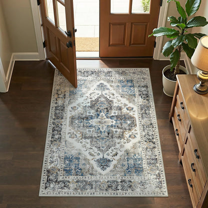 jinchan 4x6 Area Rug Vintage Washable Non-Slip Rug for Living Room Bedroom Dining Room Kitchen Home Office Thin Elegant Retro Lightweight Chenille Rug Blue Grey