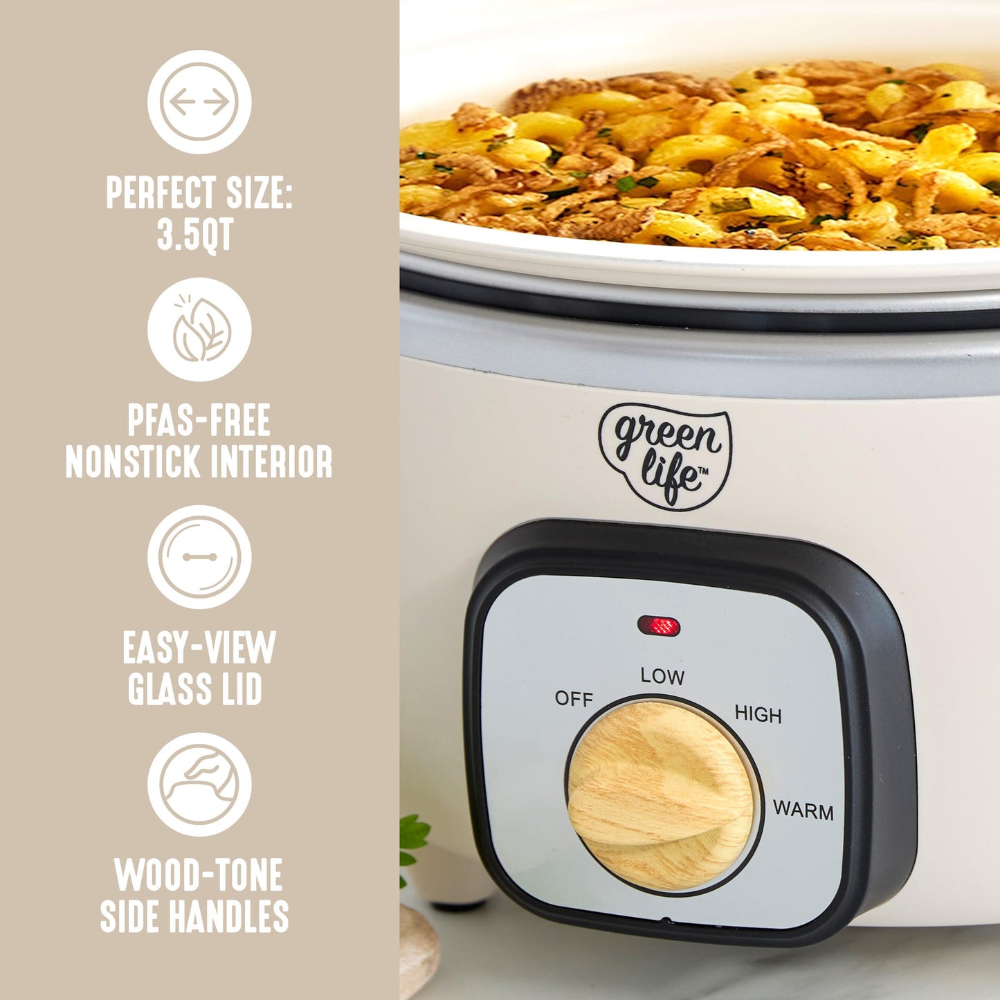 GreenLife 3.5QT Slow Cooker, PFAS-Free Non-Toxic Ceramic Nonstick Removable Interior Bowl, Programmable, Keep Warm, Stovetop & Oven Safe Pot, Dishwasher Safe Crock & Glass Lid, Cream