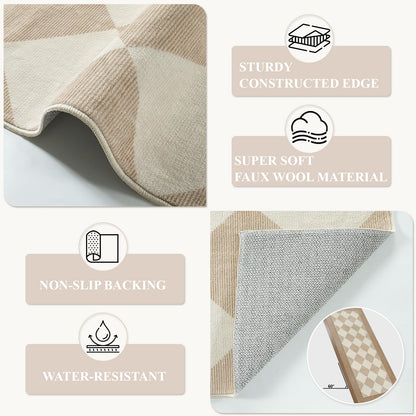 Beeiva Checkered Print Long Hallway Runner Rug Non Slip, Beige Ultra Thin 2.5x10 Washable Runner Rug, Moroccan Trellis Home Decor Faux Wool Neutral Carpet for Bathroom Kitchen Hallways, 10ft