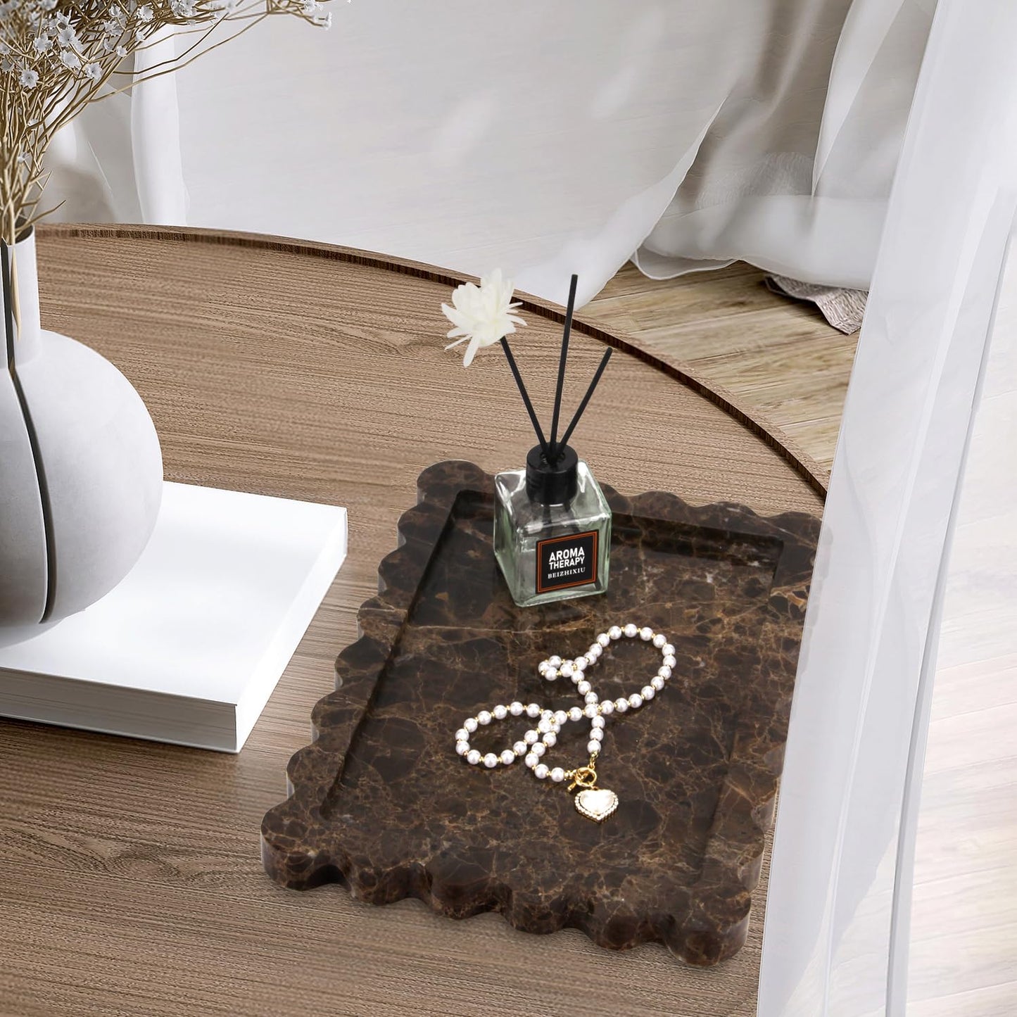 Scalloped Marble Decorative Tray,Luxury Natural Stone Bathroom Vanity Tray, Dresser Top Perfume Coffee Home Kitchen Toilet Sink Tray, Key Trinket Ring (Light Emperador, 10.8 * 8)