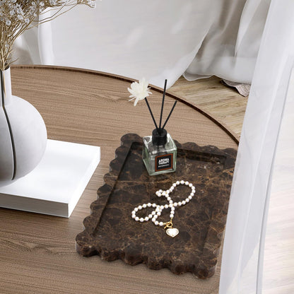 Scalloped Marble Decorative Tray,Luxury Natural Stone Bathroom Vanity Tray, Dresser Top Perfume Coffee Home Kitchen Toilet Sink Tray, Key Trinket Ring (Light Emperador, 10.8 * 8)