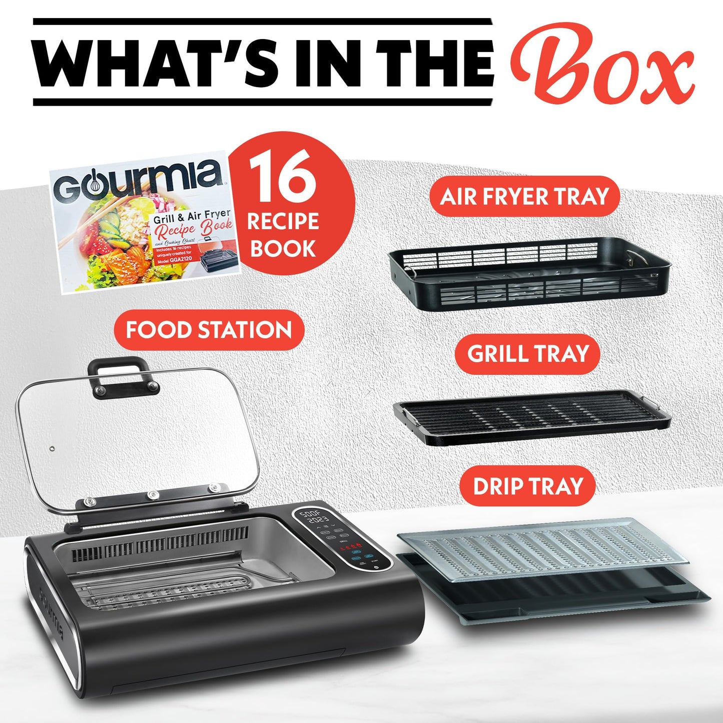 Gourmia Smokeless Indoor Grill - Air Fryer Combo with Smoke Extractor, 5 Cooking Presets, Grill, Air Fry, Roast, Bake, Dehydrate, Countertop Cooker, Glass Lid