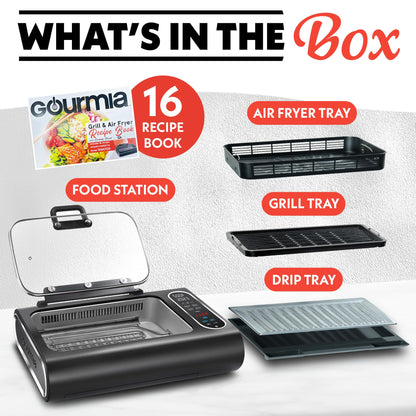 Gourmia Smokeless Indoor Grill - Air Fryer Combo with Smoke Extractor, 5 Cooking Presets, Grill, Air Fry, Roast, Bake, Dehydrate, Countertop Cooker, Glass Lid