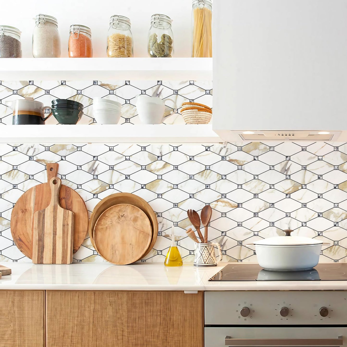 STICKGOO 10 Sheets Peel and Stick Backsplash, Calacatta Golden Stick on Mosaic Tiles for Kitchen Wall Decor, Self Adhesive Long Hexagon PVC Tile Kitchen Backsplash