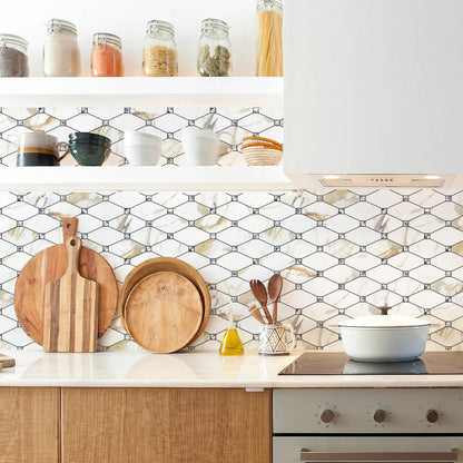 STICKGOO 10 Sheets Peel and Stick Backsplash, Calacatta Golden Stick on Mosaic Tiles for Kitchen Wall Decor, Self Adhesive Long Hexagon PVC Tile Kitchen Backsplash