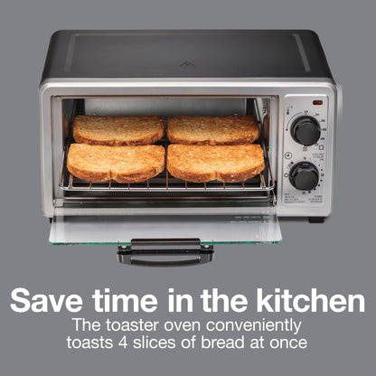 Proctor Silex 4 Slice Countertop Toaster Oven, Multi-Function with Bake, Toast and Broiler, 1100 Watts, 30 min timer and auto-shutoff, Includes Backing Pan and Rack, Black and Silver (31260)