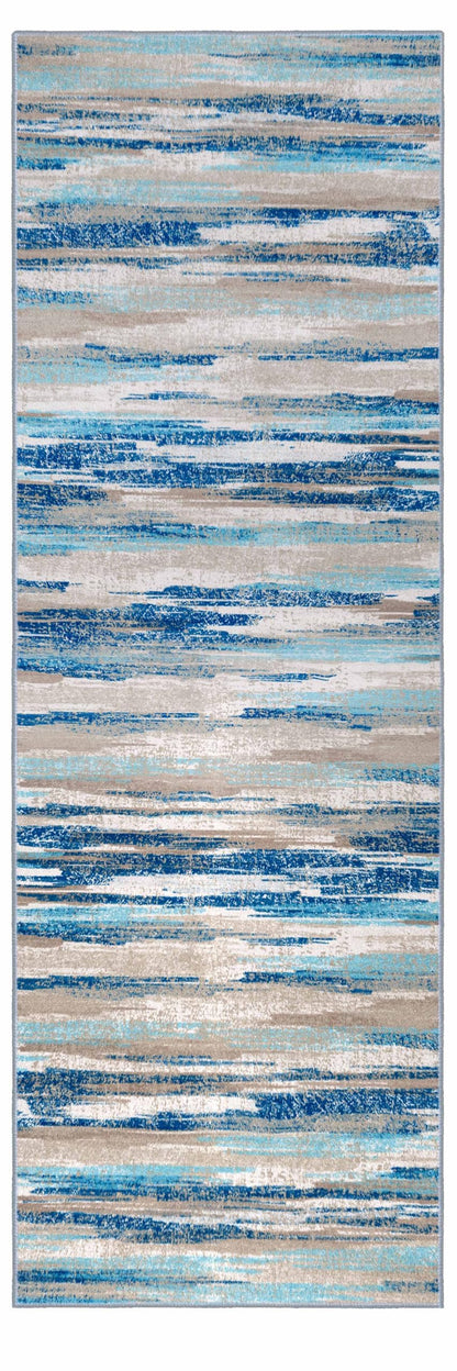 Lansny Modern Abstract Runner Rug 2.6x10, Blue Washable Long Kitchen Runner Non-Slip Soft Hallway Rug Runner Thin Print Faux Wool Carpet for Entryway Bedroom Laundry Room Indoor Home Decor