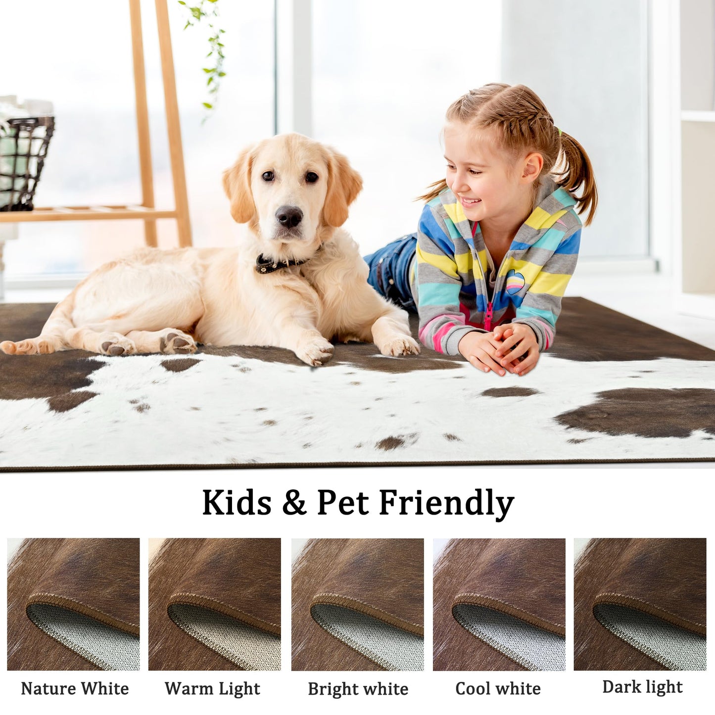 Foxmas Cow Print Rugs for Living Room, 5x7 Feet Washable Non-Slip Indoor Floor Rug, Carpet for Bedroom Dining Room Kitchen Office Western Home Decor, Brown