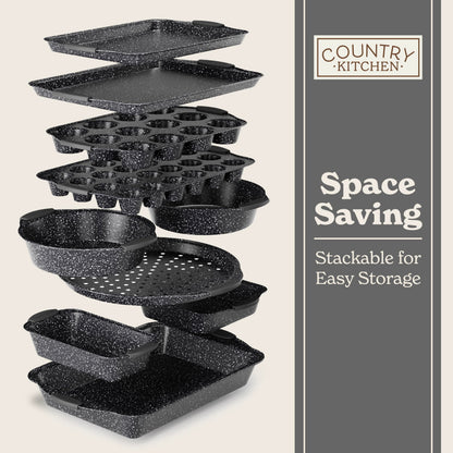 Country Kitchen Nonstick Stackable Bakeware Set - Durable, Easy Release Baking Set, Black, 10 Pcs