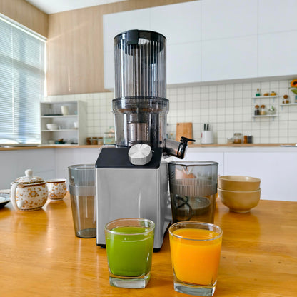 WHUTO Cold Press Juicer, Wide Feed Chute Juicer Machines, Stainless Steel Slow Masticating Juicers Easy to Clean, Vegetables & Fruits Juice Extractor, High Juice Yield, Platinum Color Knob