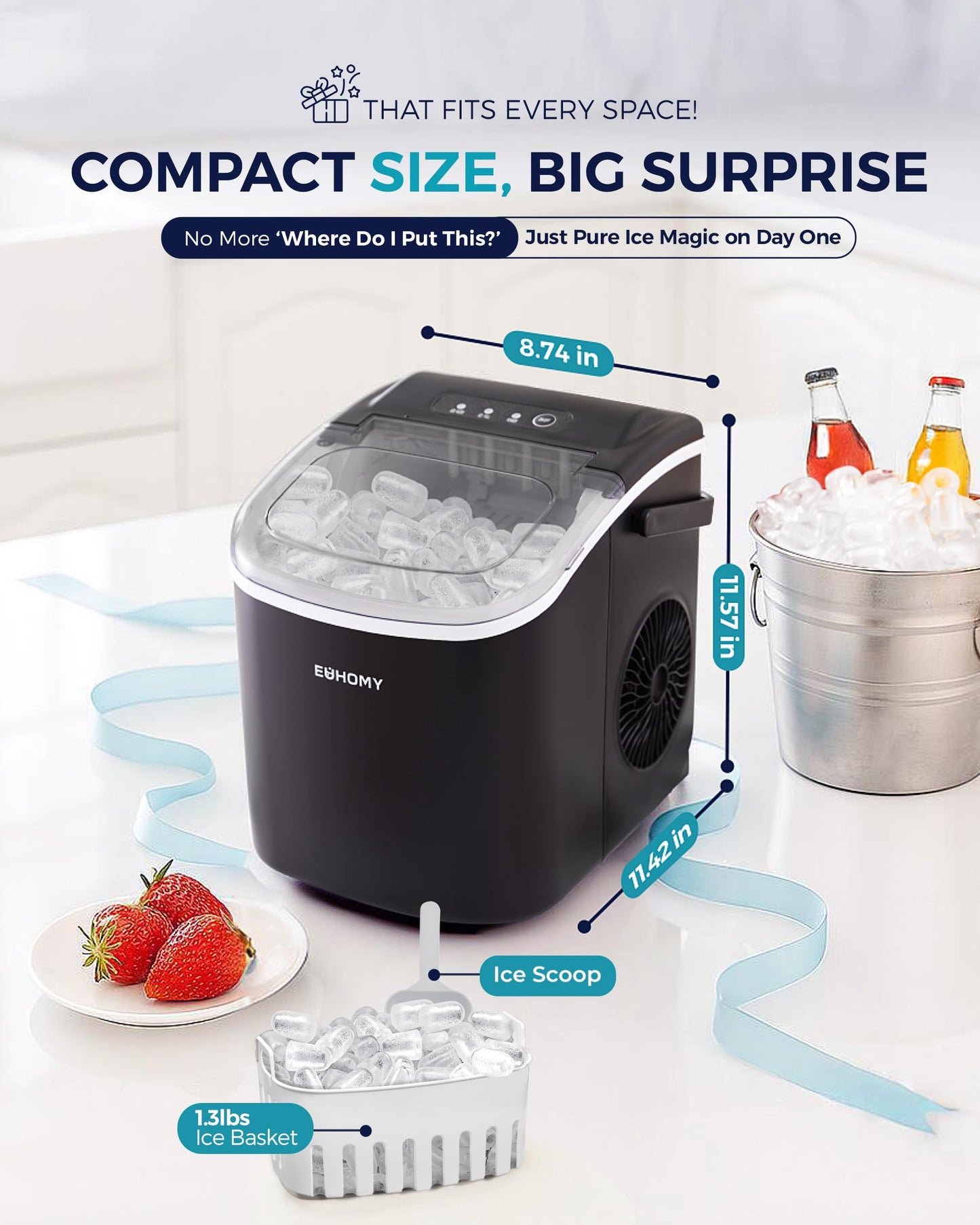 EUHOMY Countertop Ice Maker, 26lb/24hr, 9-Cube Ice in 6min, Auto-Clean, Portable with Basket & Scoop, Black