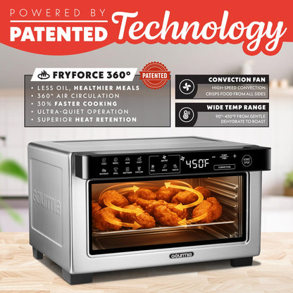 Gourmia Toaster Oven Digital Air Fryer - Convection Mode with 4 Slice Capacity, 3 Rack Positions, 12 Presets, Toast, Bagel, Bake, Roast, Broil, Dehydrate, Popcorn, Fits 9" Pizza, Stainless Steel