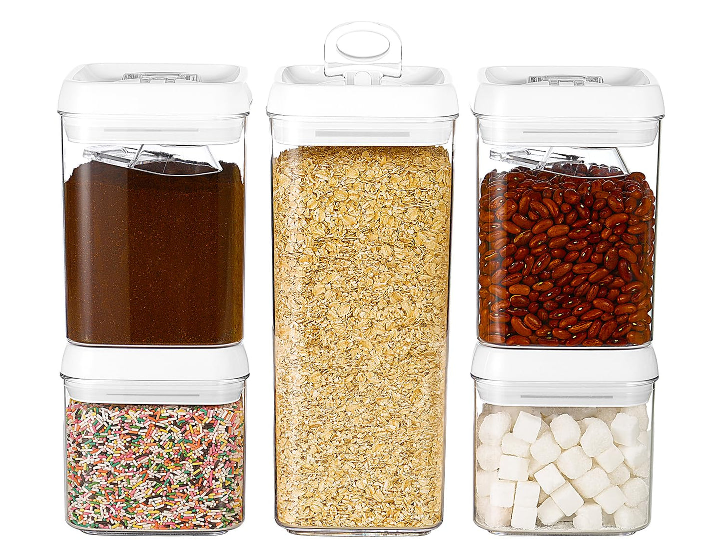 Felli Flip Tite Food Storage Container 5" LARGE 5pk Set + No Residue Label, Airtight Lid Easy Lock Top Stackable, Plastic Canister Jar for Pantry Kitchen Fridge Organizer Pasta Protein Powder Spice