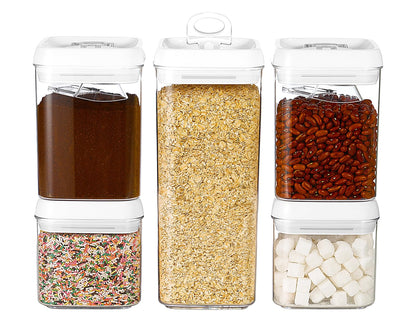 Felli Flip Tite Food Storage Container 5" LARGE 5pk Set + No Residue Label, Airtight Lid Easy Lock Top Stackable, Plastic Canister Jar for Pantry Kitchen Fridge Organizer Pasta Protein Powder Spice