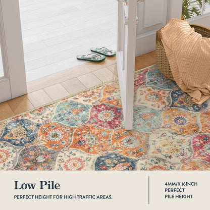 Lahome Moroccan Hallway Runner Rug, 2'5''x8' Ultra-Thin Washable Runners for Hallways Kitchen, Oriental Laundry Room Rug Non-Slip Carpet for Entryway Bedroom Bathroom Elise, Cream/Multi