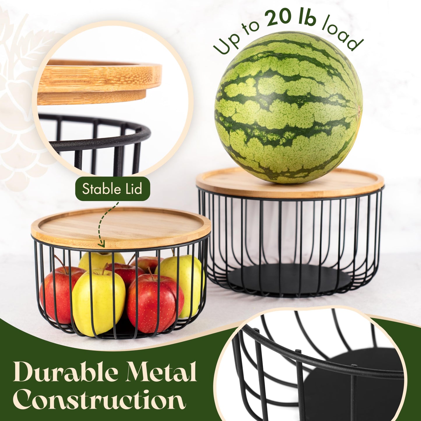 Fruit Basket for Kitchen Counter Set of 3 - Large Stackable Baskets with Bamboo Lid - Fruit Bowl, Perfect Holder For Fruits and Vegetable Storage -Keep Your Countertop Classy, Tidy and Slightly Fruity