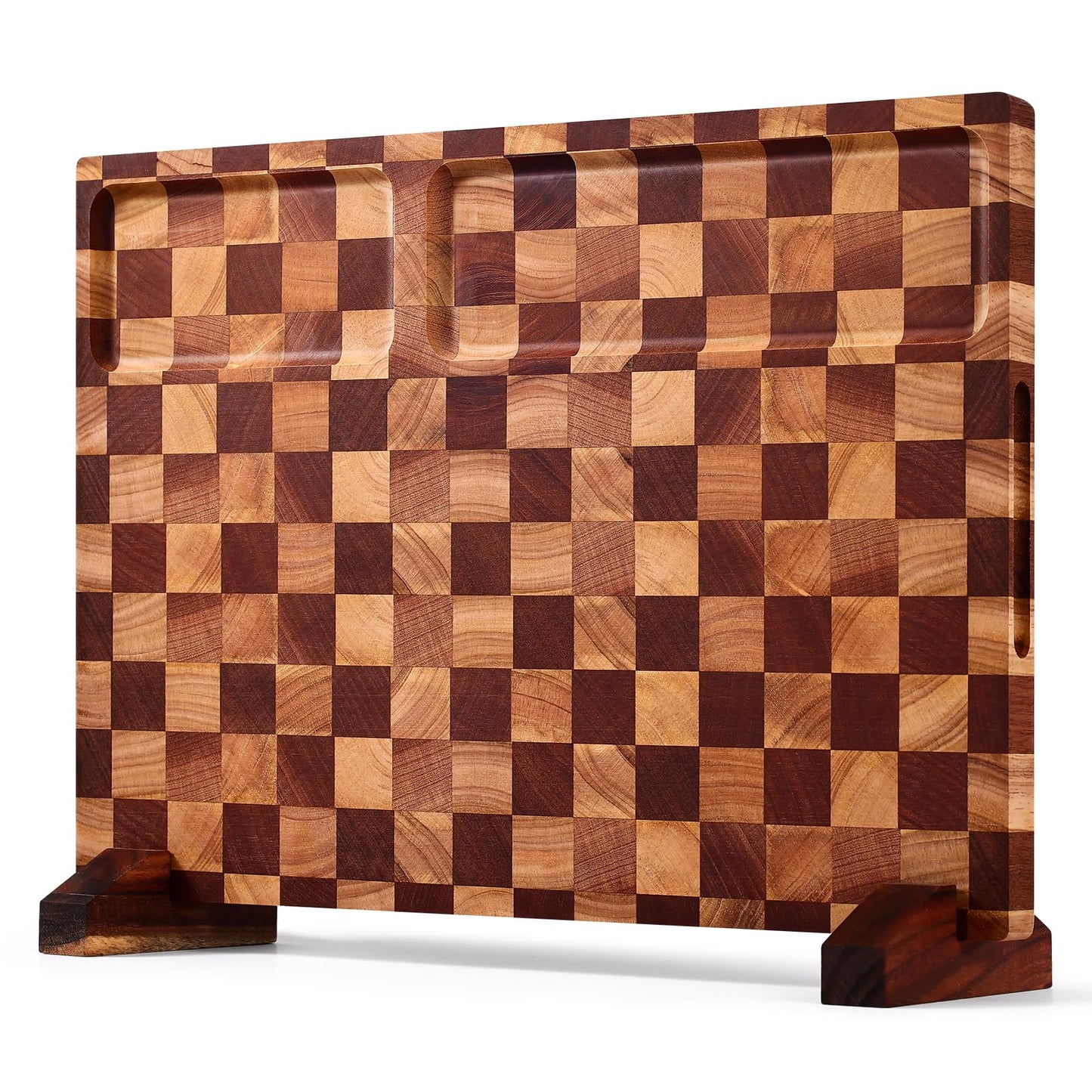 BIEOFFEI Checkered Cutting Board with Stand, Dual-Sided Wood Cutting Board with Juice Groove, 16.5x11.6 Inch Butcher Block Serving Tray, Chopping Board for Kitchen Gifts