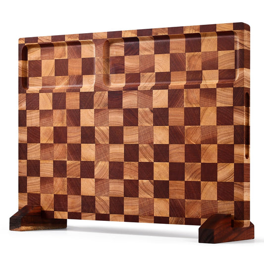 BIEOFFEI Checkered Cutting Board with Stand, Dual-Sided Wood Cutting Board with Juice Groove, 16.5x11.6 Inch Butcher Block Serving Tray, Chopping Board for Kitchen Gifts