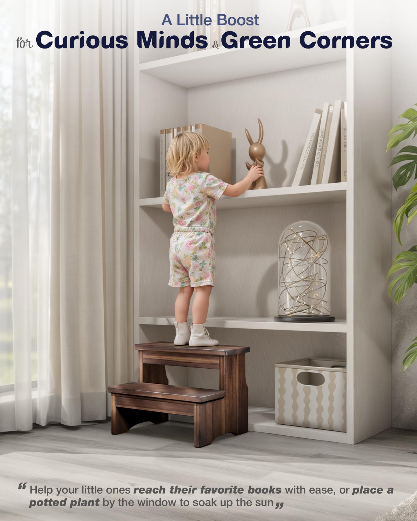 FANATU Wooden Two Step Stool, Heavy Duty 2-Step Ladder for Adults & Kids, Supports up to 450lbs for Kitchen, Bathroom or Bedside Use (Walnut Finish)