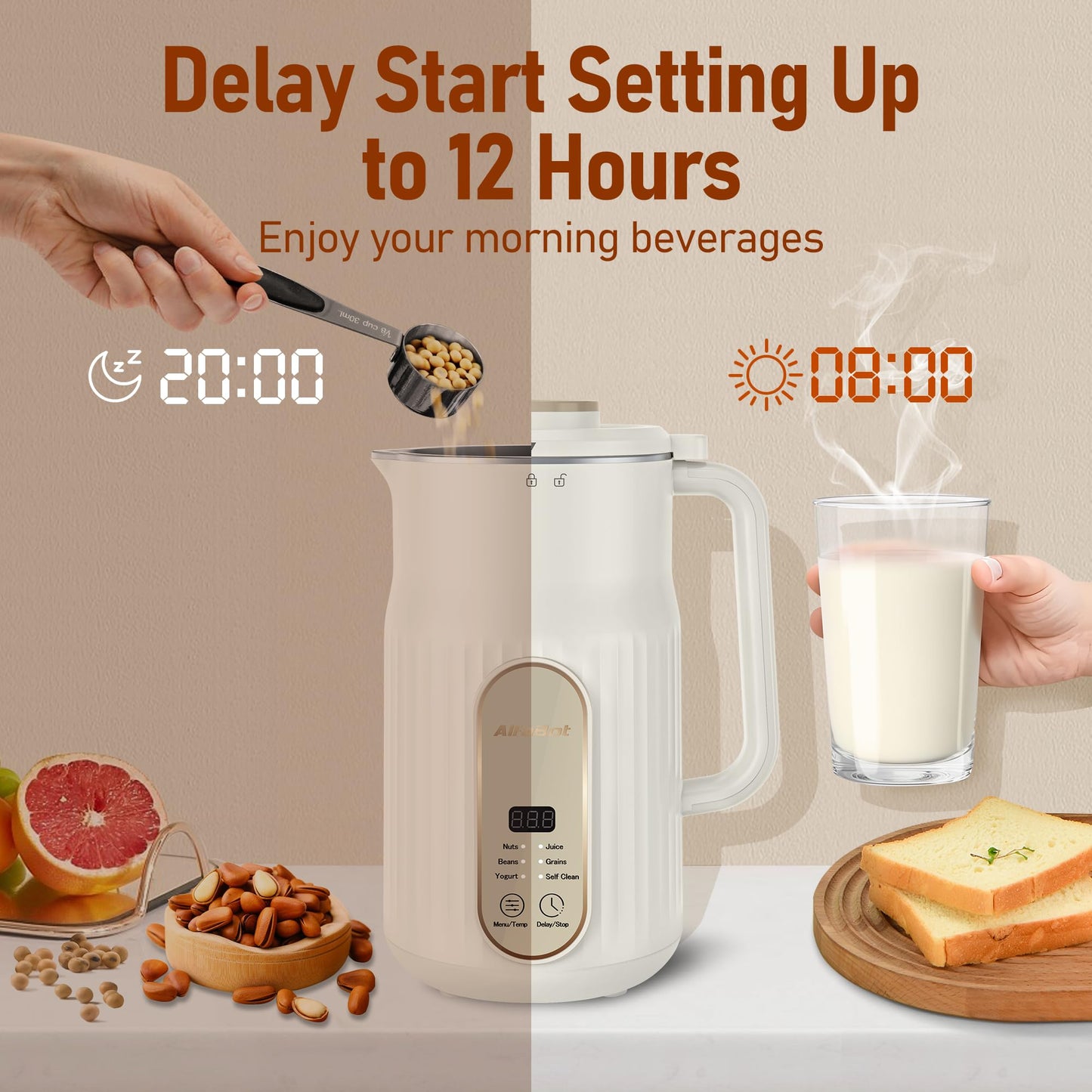 Nut Milk Maker, AlfaBot N2 Automatic Almond Milk Machine for Homemade Plant-Based Milk, Oat, Soy, Yogurt, 5 Modes/35OZ Big Capacity Soy Milk Maker with Delay Setting and Self Cleaning (Cream)