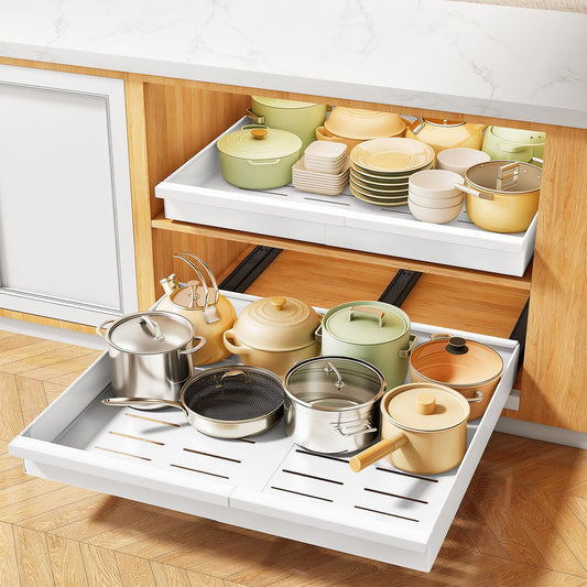 Pull out Cabinet Organizer, 1-Pack Expandable(13.6"-24") Silde out Drawers with Raising Pad for Framed Cabinets, Adjustable Full-Extension Adhesive Roll out Shelves for Kitchen Pantry Home Pot and Pan