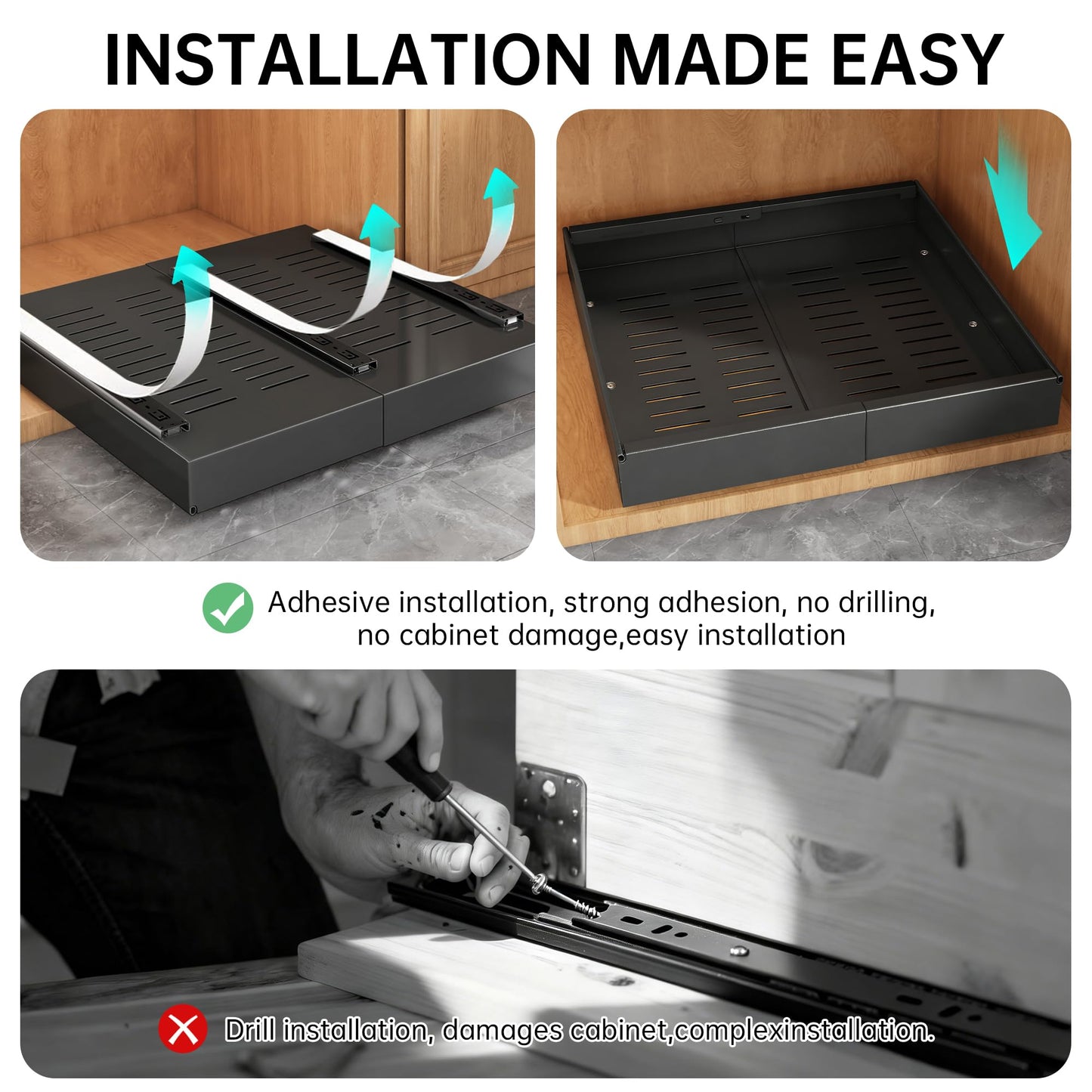 Pull out Cabinet Organizer, 1 pack, 16.5" Deep Heavy Slide out Drawers, Upgrade Three Triple-Slide Rail Systems, Expandable 12.8"-20.8" Roll out Shelf Storage for Kitchen Base Cabinet Organization