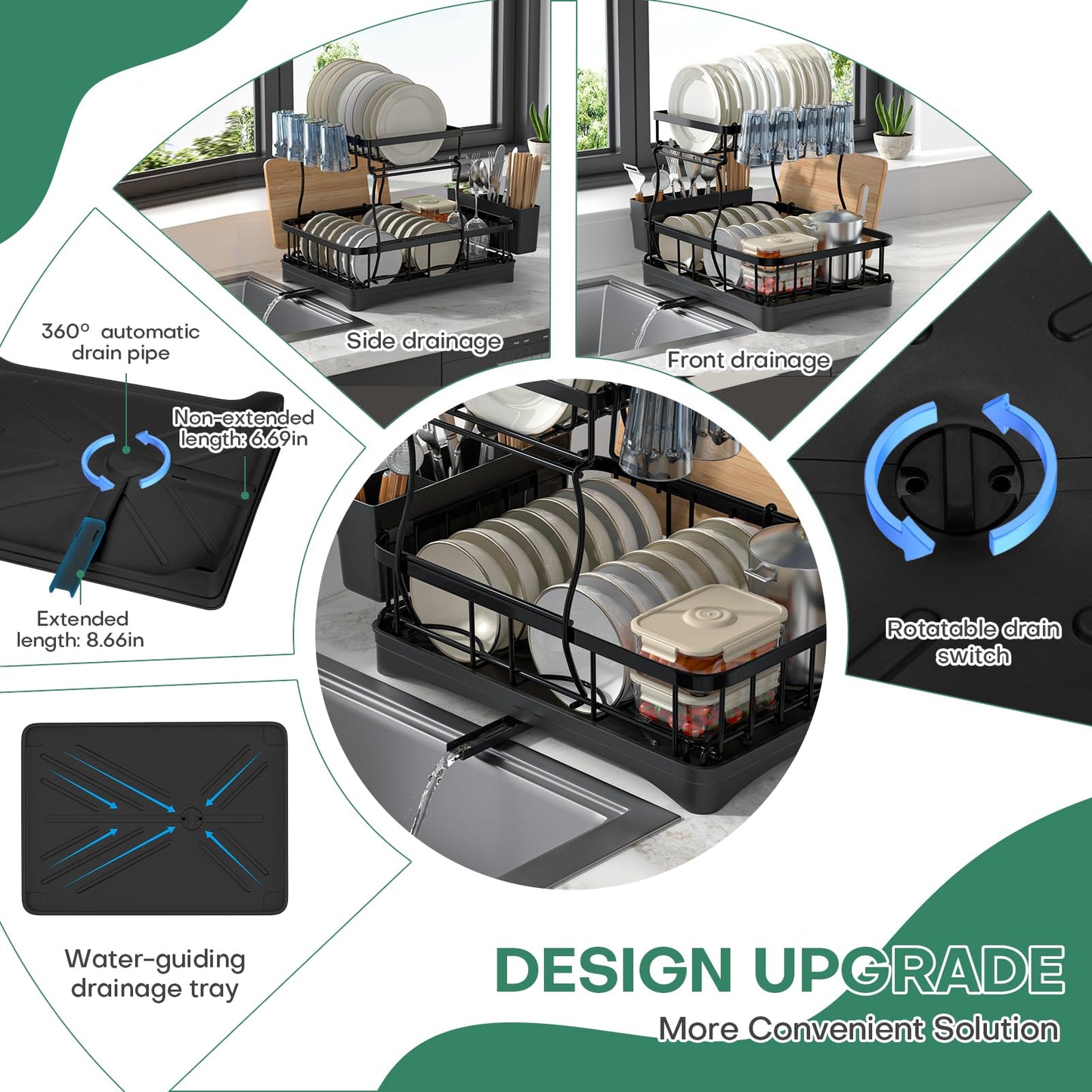 2 Tier Dish Rack, Carbon Steel Dish Drying Rack for Kitchen Organization & Storage, Countertop / Sink Dish Rack with Automatic Drain Tray, Large Capacity Black Dish Rack - Essential Home Kitchen Item