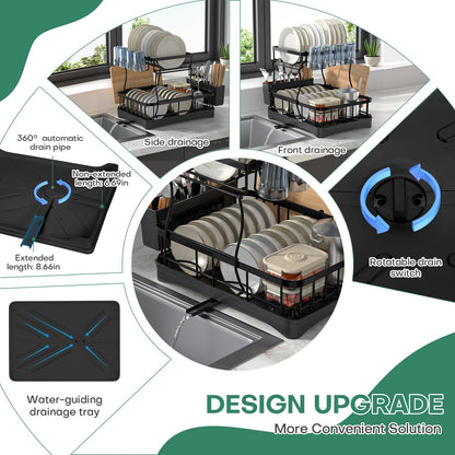 2 Tier Dish Rack, Carbon Steel Dish Drying Rack for Kitchen Organization & Storage, Countertop / Sink Dish Rack with Automatic Drain Tray, Large Capacity Black Dish Rack - Essential Home Kitchen Item
