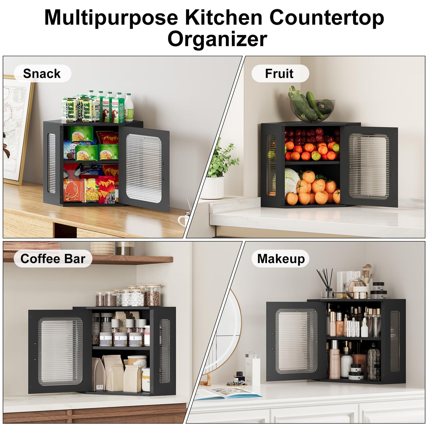 TQVAI Bread Box for Kitchen Countertop Large Corner Bread Loaf Storage Container Double Layer Wooden Bread Boxes Bin Farmhouse Pantry Shelf with Acrylic Window, Black