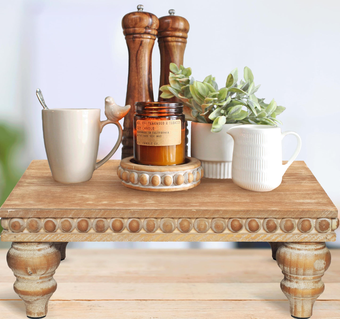 Felt Creative Home Goods Decorative Wood Risers for Decor | Tiered Tray Stand | Farmhouse Beaded Riser Stand for Decor | Wooden Pedestal Stand Large 12x16 Beaded Tray for Kitchen Coffee Bar (Brown)