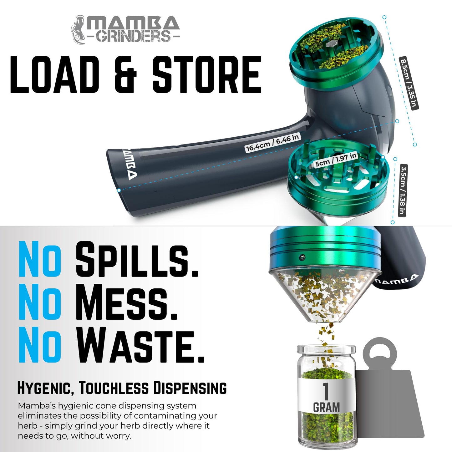 Mamba Electric Grinders – USB Rechargeable Spice & Herb Grinder, 1g Portable Metal Grinder for Herbs, Quick & Easy-to-Use Spice Mill for Kitchen