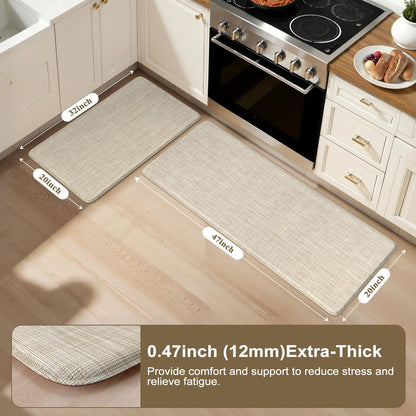 Collive Kitchen Mats for Floor 2PCS, Cushioned Anti Fatigue Rugs Non Slip Waterproof Kitchen Sink Mat, Memory Foam Comfort Standing Mats for Desk, Office, Home Decor, 20" x 47" + 20" x 32", Beige