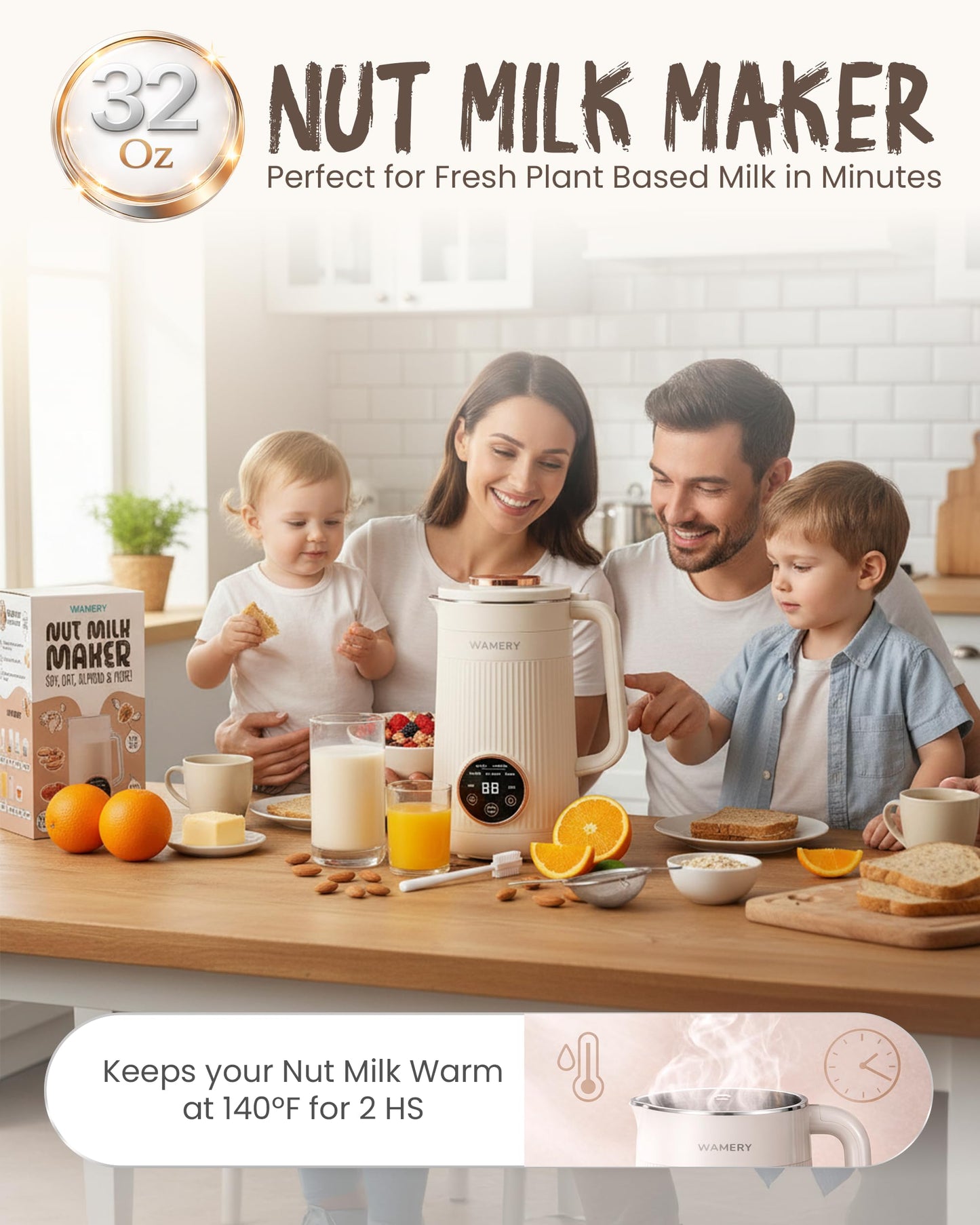 Wamery 32oz Nut Milk Machine (Black) - Soy Milk Maker for Almond & Oat, Fruit Blender, Automatic Heated Programs, Self‑Cleaning, Delay Start, Keep Warm & Boil Water, 1‑Liter Capacity with Starter kit
