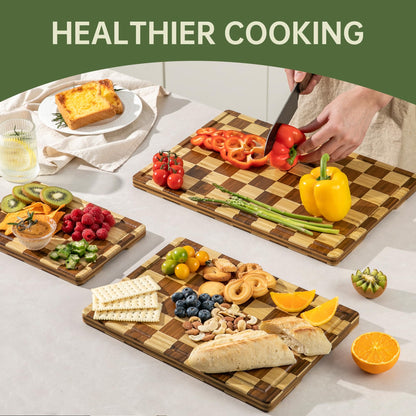 THETCHRY Bamboo Cutting Board Set, Checkered Wood Cutting Boards for Kitchen with Juice Groove, Non Toxic Wooden Charcuterie Boards, Non Slip Chopping Board for Meat Fruit Cheese, Housewarming Gift
