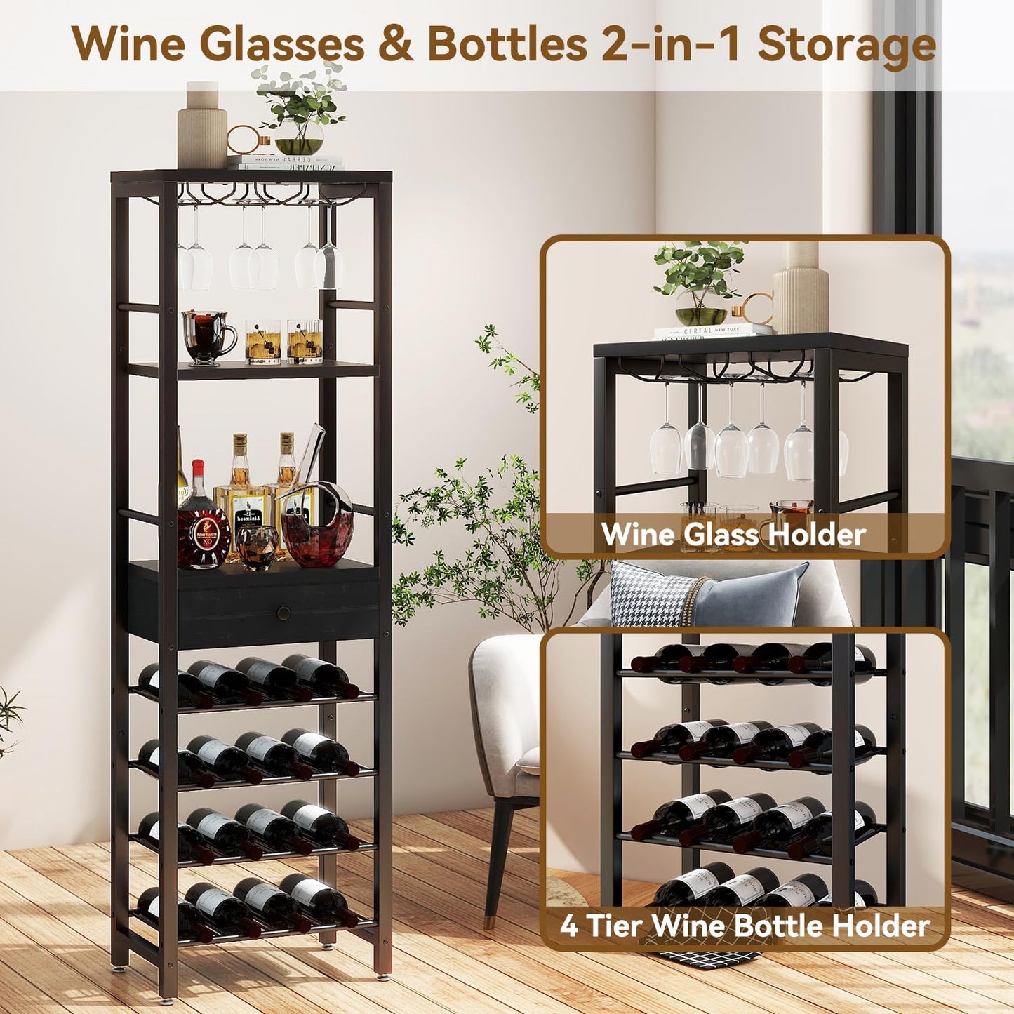 IBUYKE Wine Rack Freestanding Floor, Bar Cabinet for Liquor and Glasses,Coffee Bar Cabinet 4-Tier Wood bar Cabinet,Glass Holder and Storage Drawer for Home Bar Kitchen Living Room,Black UTMJ905B