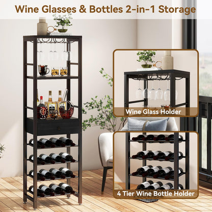 IBUYKE Wine Rack Freestanding Floor, Bar Cabinet for Liquor and Glasses,Coffee Bar Cabinet 4-Tier Wood bar Cabinet,Glass Holder and Storage Drawer for Home Bar Kitchen Living Room,Black UTMJ905B