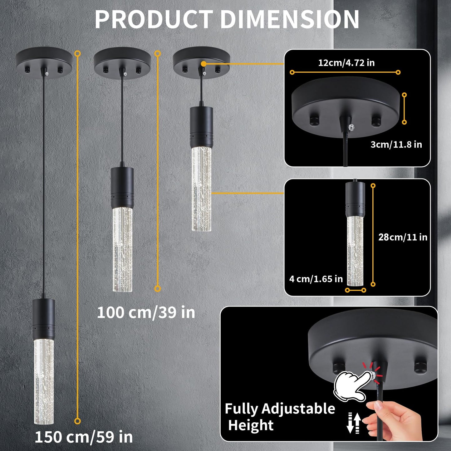 JULiN HOME Black Pendant Lights Kitchen Island, Crystal Bubble Pendant Lights, Adjustable Modern Pendant Light Fixtures for Dining Living Room Bedroom 3 Pack